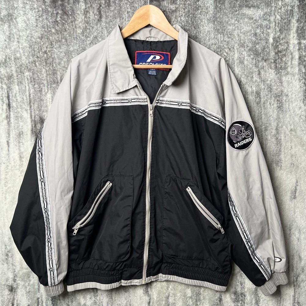 Vintage 90s Oakland Raiders Medium Gray Black Zip Up Jacket Pro Player
